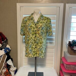 Essentials Women's Button Down Shirt - Yellow and Blue Floral